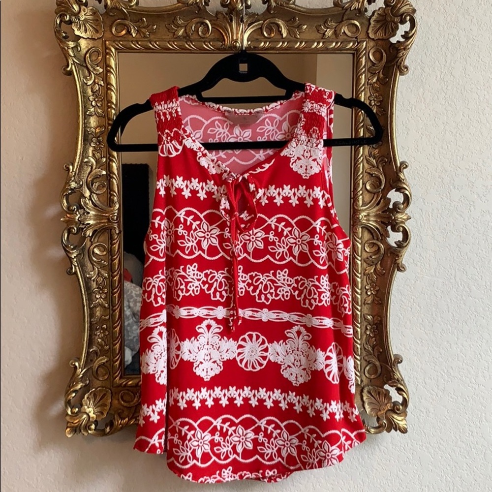 Red & White Floral Sleeveless Blouse Tie Neck Tank Top Boho Summer Size S